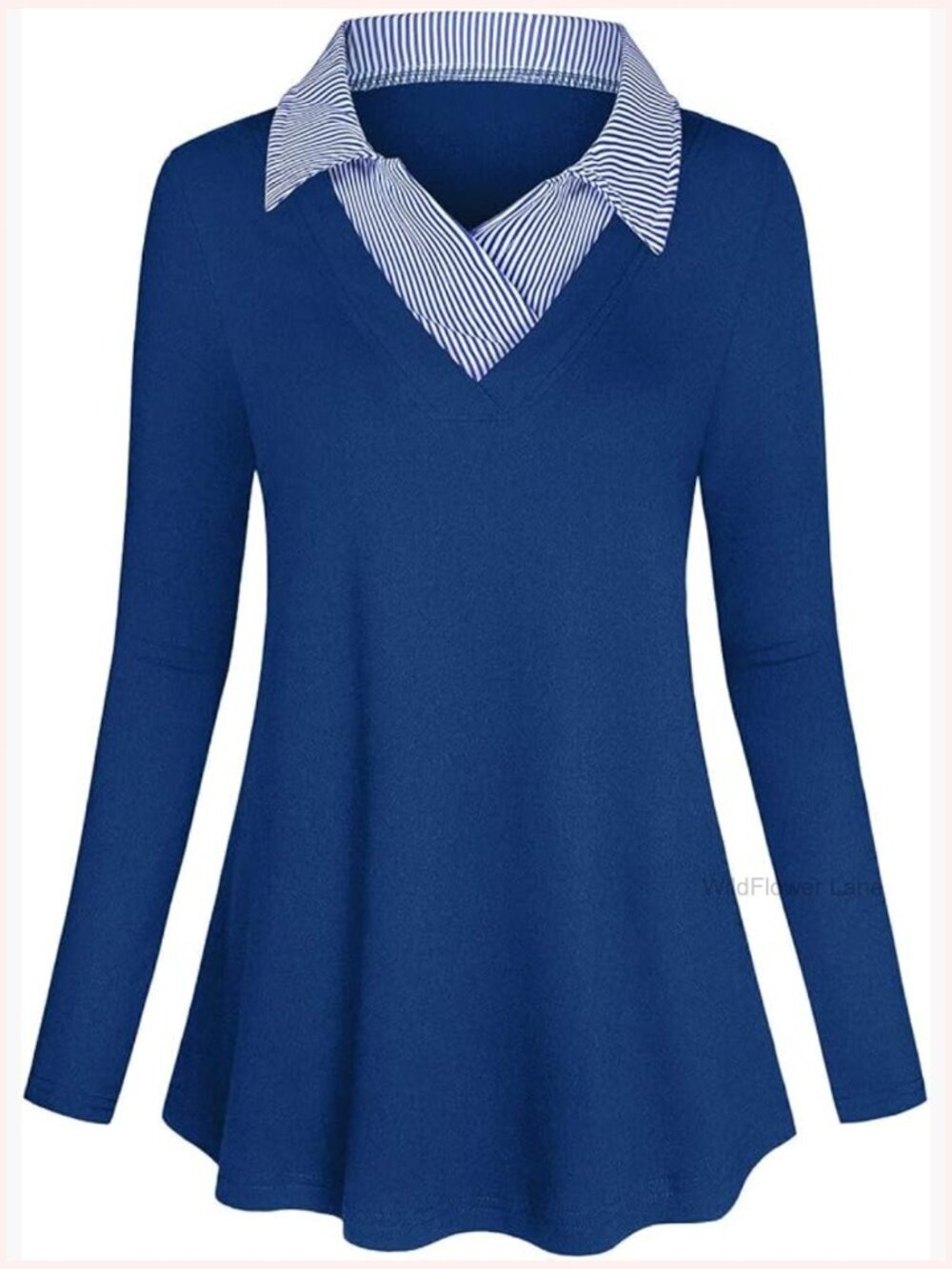 Long Sleeve Contrast Collar A-line Pleated Office Tunic Top